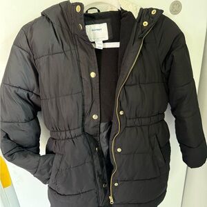 Old Navy Black Puffer Jacket - Faux Fur/Sherpa Hood and Fleece Lined | L (10/12)